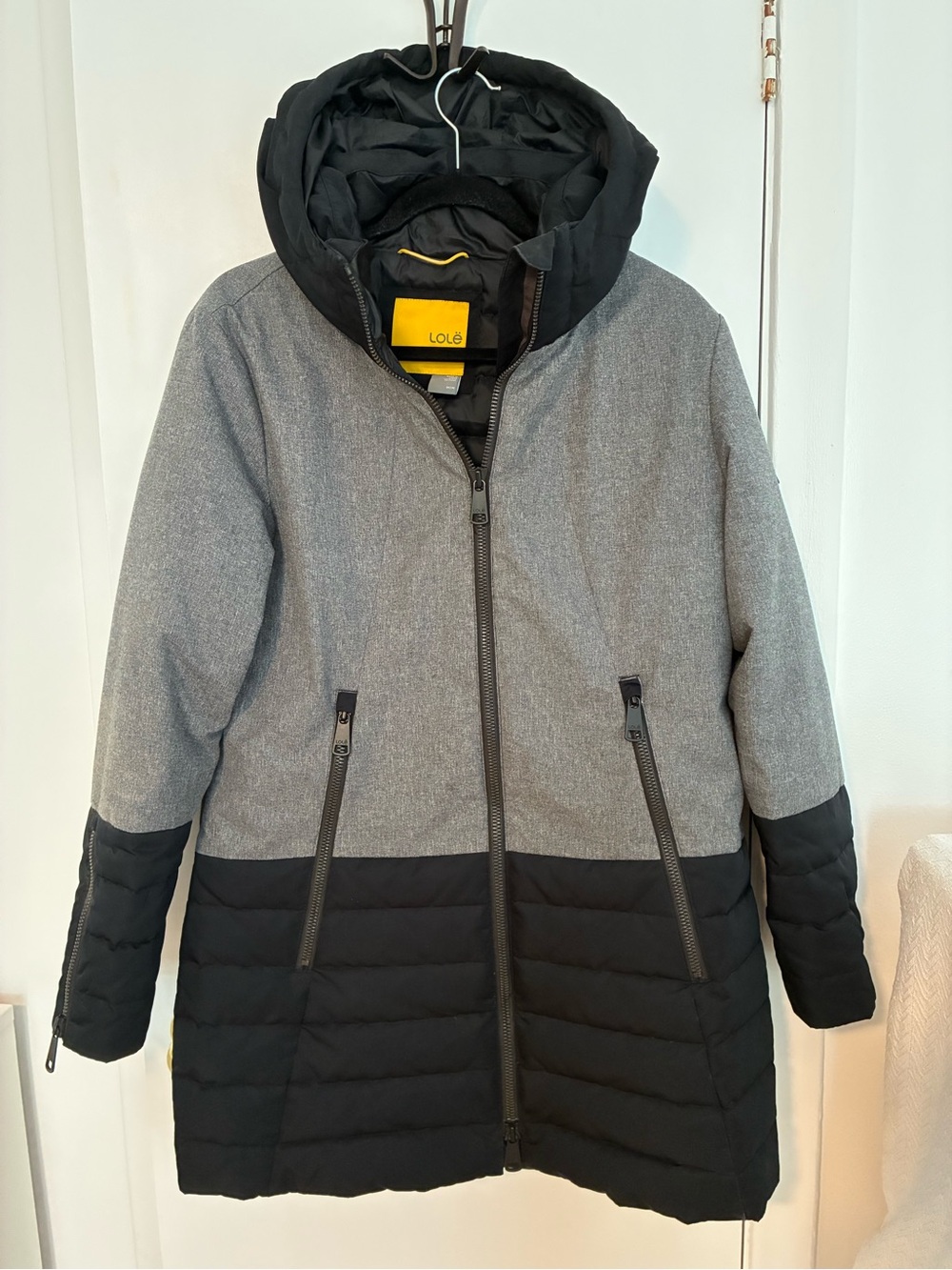 Lole Grey and Dark Blue Hooded Quilted Puffer Coat